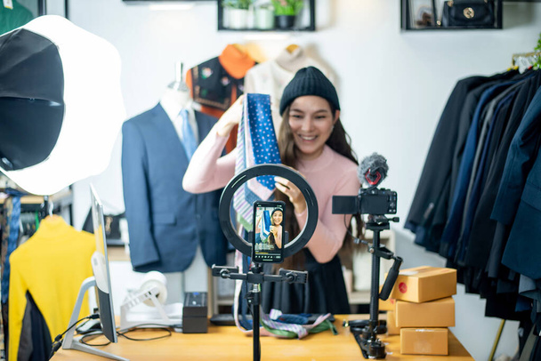 Asia blogger or Vlogger live streaming review product on Business online influencer on social media, Content creator concept. - Fotografie, Obrázek