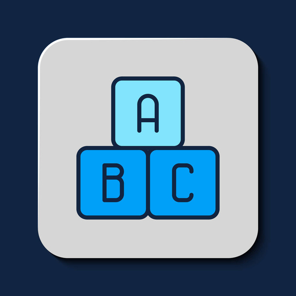 Gefüllte Umrisse ABC-Blöcke auf blauem Hintergrund isoliert. Alphabetwürfel mit den Buchstaben A, B, C. Vektor. - Vektor, Bild