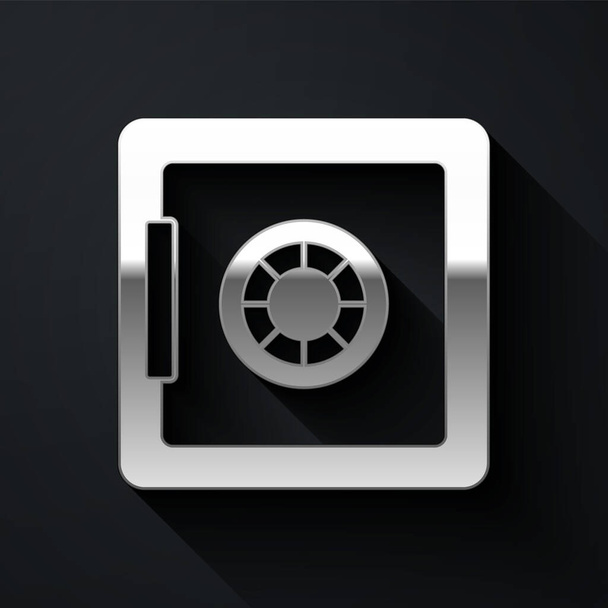 Silver Safe icon isolated on black background. The door safe a bank vault with a combination lock. Reliable Data Protection. Long shadow style. Vector. - Vektor, obrázek