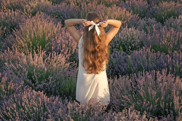 teen girl in lavender field with curly hair. teen girl in lavender provence. teen girl in lavender meadow. teen girl in lavender flowers outdoor. - Foto, Imagem