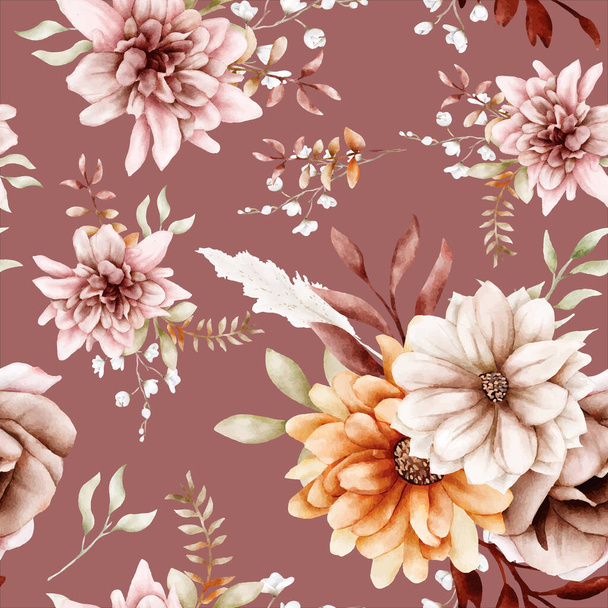 Watercolor autumn flower and leaves seamless pattern - Vecteur, image