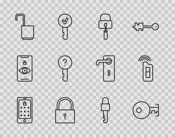 Imposta la linea Password grafica e mobile Scatti chiave serratura per il bloccaggio Lucchetto aperto Chiave indefinita Bloccato e auto con icona remota. Vettore. - Vettoriali, immagini