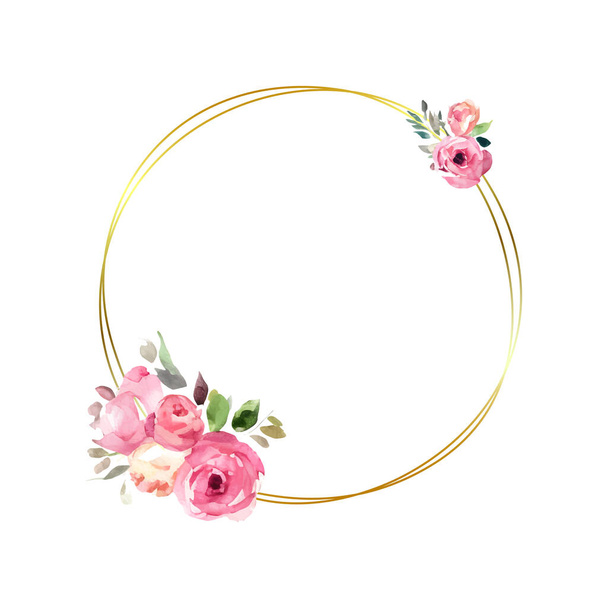 Golden circle frame with watercolor pink roses and green leaves, vector round template isolated on white . Vector illustration - ベクター画像