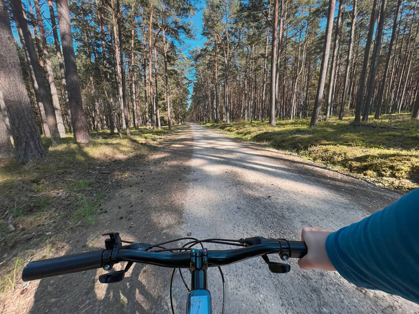 First-person riding bike in the woods. man cyclist rides in the forest on a bike. first-person view. travel concept - Photo, Image