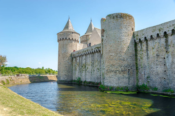 Vista en los bastiones del castillo de Suscinio con zanja de agua en Francia - Foto, Imagen