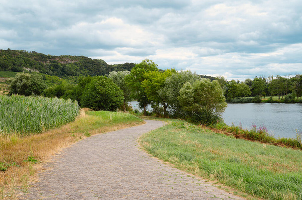 Krajina s cyklostezkou nebo chodníkem u řeky Moselle v Trieru, Rhineland Palatine v Německu, léto v údolí - Fotografie, Obrázek