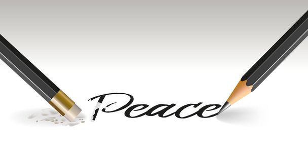 Concetto di guerra e diritti umani, con una matita che scrive la parola, pace che viene immediatamente cancellata. - Vettoriali, immagini