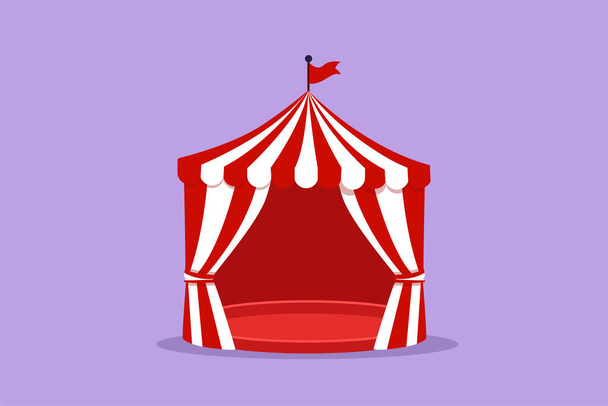 Graphic flat design drawing circus tent shaped like pentagon with stripes and flag on top. Where clowns, magicians, animals perform. Success business entertainment. Cartoon style vector illustration - Vector, Image