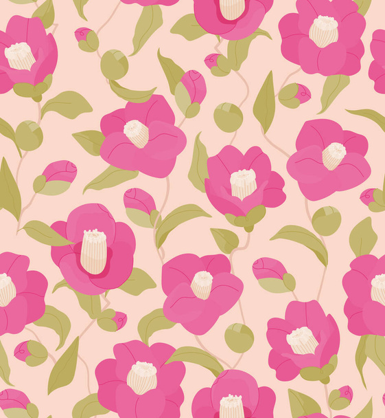 Pink Camellia flowers with leaves seamless vector pattern on beige background. Floral flat illustration for branding, package, fabric and textile, wrapping paper - ベクター画像
