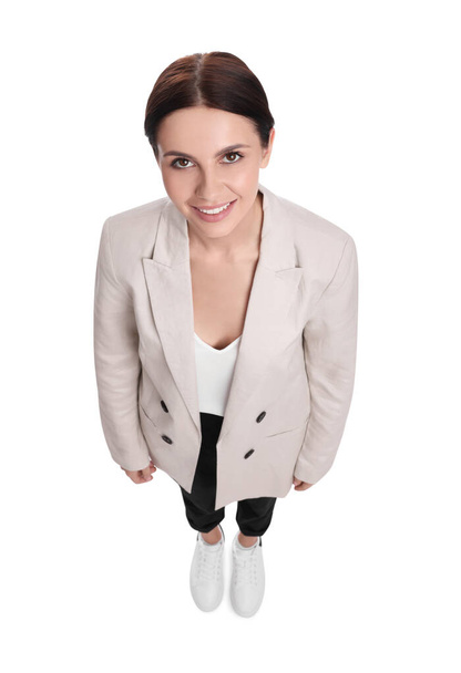 Beautiful businesswoman in suit on white background, above view - Zdjęcie, obraz