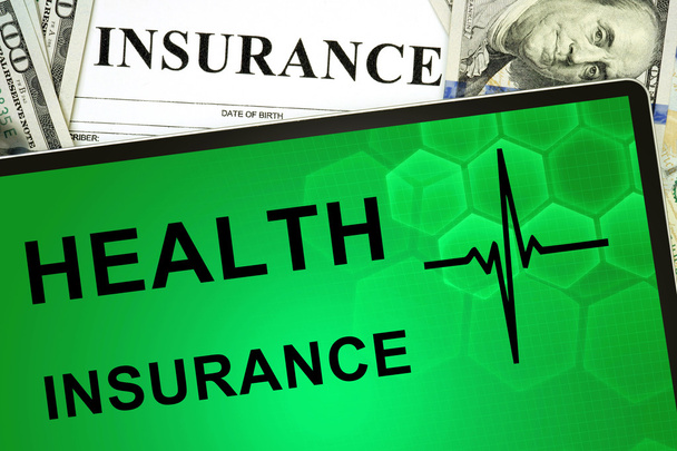 Tablet with Health insurance online and money. - Φωτογραφία, εικόνα