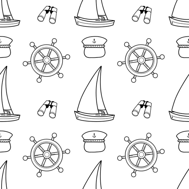 vector contur seamless pattern on the theme of sea cruise rudder, sail, binoculars - Wektor, obraz