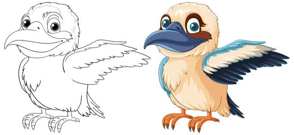 A cartoon illustration of a smiling Kookaburra native to Australia, standing with one wing open and its outline set isolated on white illustration - Вектор,изображение