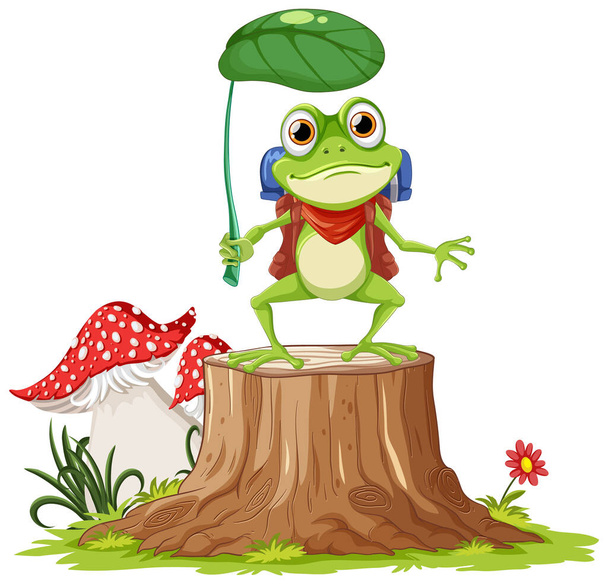Grüner Frosch Cartoon Charakter Holding Blatt Regenschirm Illustration - Vektor, Bild