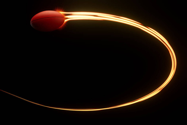 Μια Aussie κανόνες σπορ μπάλα που φέρουν στον αέρα με ένα ρέον μονοπάτι που ταξιδεύουν λαμπερό wispy φώτα σε ένα απομονωμένο φόντο - 3D καθιστούν - Φωτογραφία, εικόνα