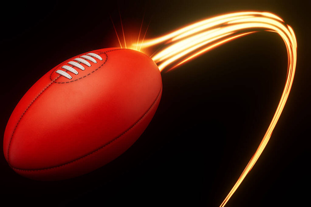 A aussie rules sport ball flying through the air with a flowing travelling trail of glowing wispy lights on an isolated background - 3D render - Photo, Image