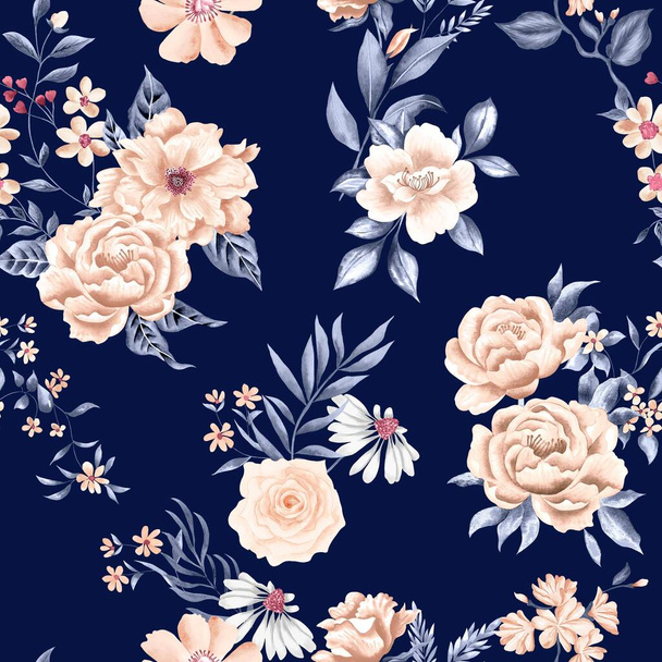 Watercolor flowers pattern, white tropical elements, blue leaves, navy blue background, seamless - Photo, image