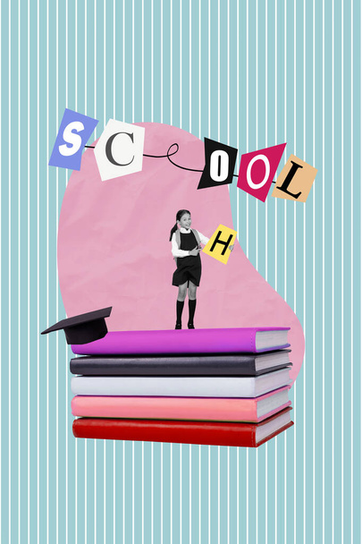 Template collage advertisement of small girl in school uniform make decor flag put letters for discount promotion. - Foto, imagen