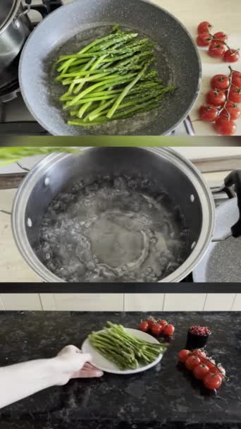Il processo di cottura di rametti verdi freschi di deliziosi asparagi croccanti sani con sale e spezie come parte di un piatto vegetariano - Filmati, video
