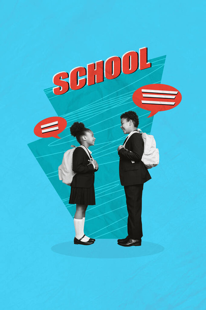 Poster banner creative collage of happy friendly classmates speak with speech bubble enjoy meeting before school lesson. - Foto, imagen
