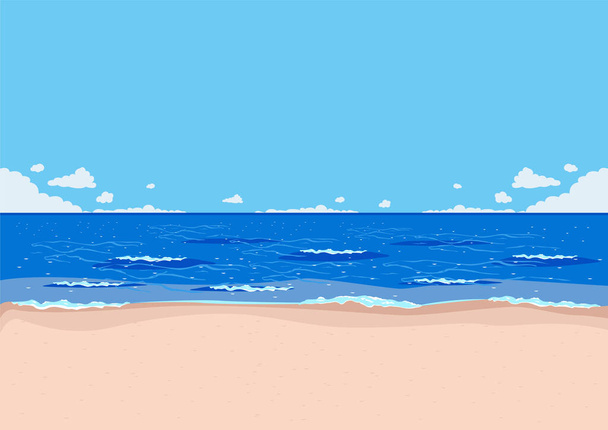 Tropical beach, sea with waves and blue sky with clouds. Seascape in flat style. Summer rest. Beauty of nature. Vector illustration. - Διάνυσμα, εικόνα