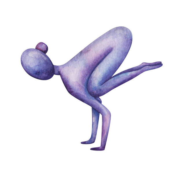 Illustrazione ad acquerello. Dipinta a mano ragazza yoga bilanciamento in posa Bakasana. Silhouette donna yoga nei colori viola, blu, viola. Fitness, allenamento, esercizi. Clip art sportiva isolata per banner - Foto, immagini