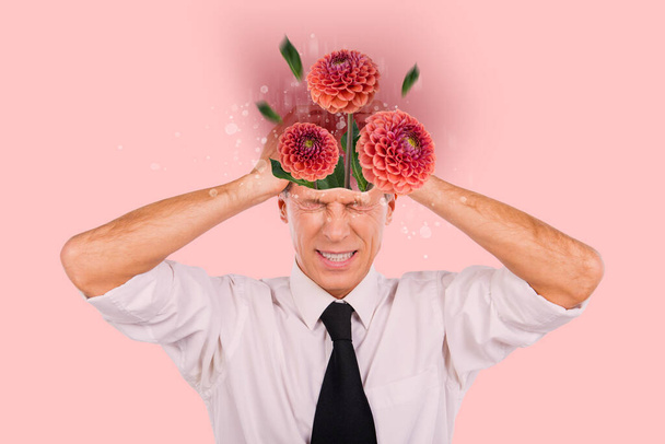 Template caricature collage of unhappy guy with floral bloom plants aged feel terrible migraine need apply herbal painkillers. - Фото, изображение