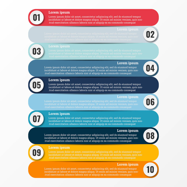Infografik, die über den Arbeitsablauf in jedem Schritt mit insgesamt 10 Themen berichtet. - Vektor, Bild