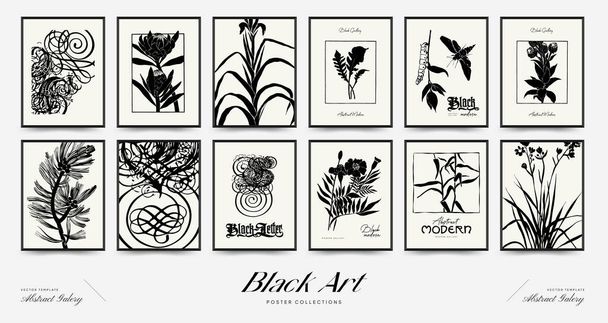 Abstract floral posters template. Modern Botanical trendy black style. Vintage flowers. Ink wall  art. - Vector, Imagen