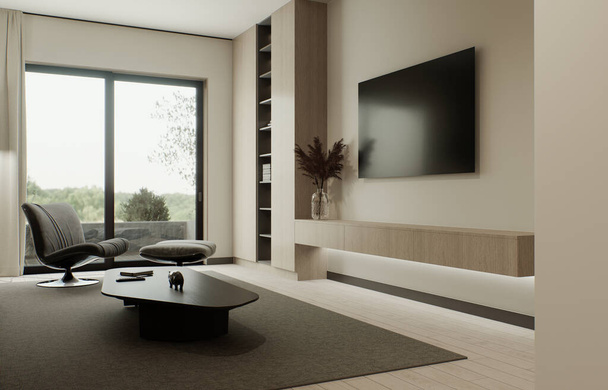 Sisätilojen studio, olohuone ja keittiö, jossa on avoin tila. Suuri sohva, jossa on nojatuoli ja kaunis suuri minimalistinen keittiö. 3d-renderointi - Valokuva, kuva