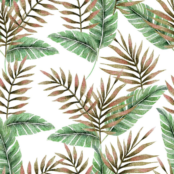 Tropical botany palm leaves watercolor drawing seamless pattern. Jungle exotic paradise leaf background - Foto, imagen
