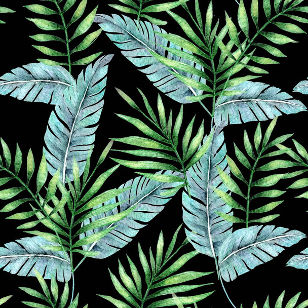 Botanique tropicale palmier feuilles dessin aquarelle motif sans couture. Jungle exotique paradis feuille fond - Photo, image