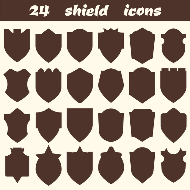 24 Schildsymbole. Satz von verschiedenen Schildformen Symbole, Grenzen,  - Vektor, Bild
