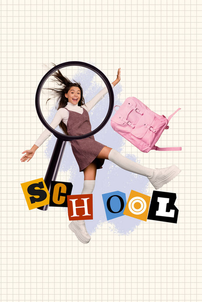 Vertical collage picture of excited child big magnifier lens loupe flying school rucksack isolated on checkered copybook page background. - Foto, imagen
