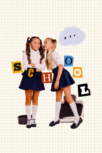 Vertical collage image of two funky positive school girls speak say whisper ear ink bottle isolated on creative checkered copybook page background. - Fotoğraf, Görsel