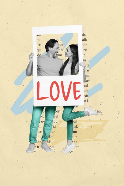Vertical collage of two lovely peaceful black white effect partners hold love album photo card book text isolated on beige background. - Foto, Bild