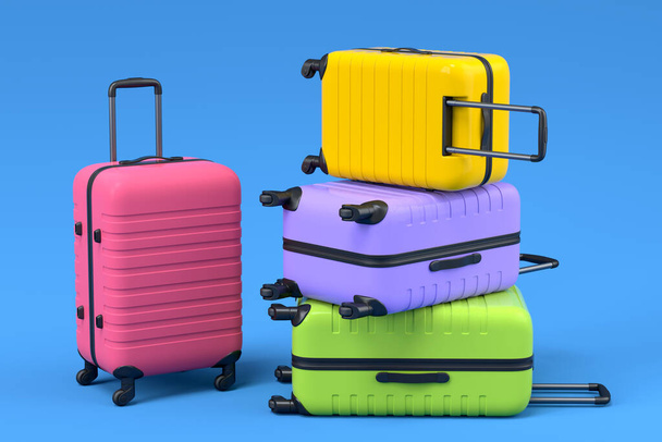 Colorful suitcase or baggage on blue background. 3D render of summer vacation concept and holidays - Фото, изображение