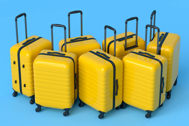 Colorful suitcase or baggage on blue background. 3D render of summer vacation concept and holidays - Fotografie, Obrázek