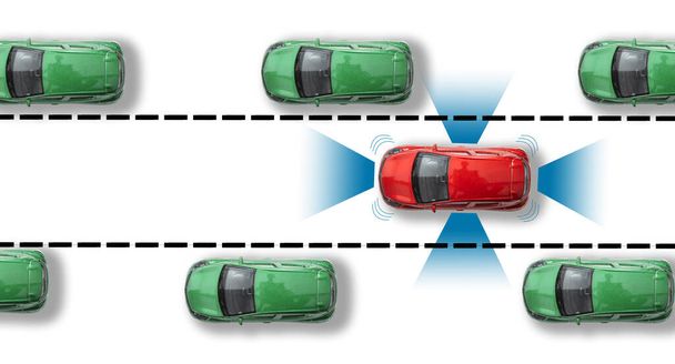 Autonóm kilátás az autóra. Önvezető jármű radarérzékelő rendszerrel. Vezető nélküli autó az úton. - Igen. Kiváló minőségű fénykép - Fotó, kép