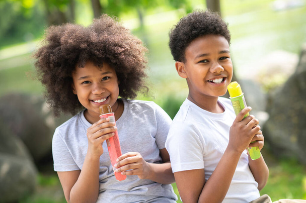 Two children wearing white t-shirts eating ice cream in park sitting on green grass. - Foto, imagen