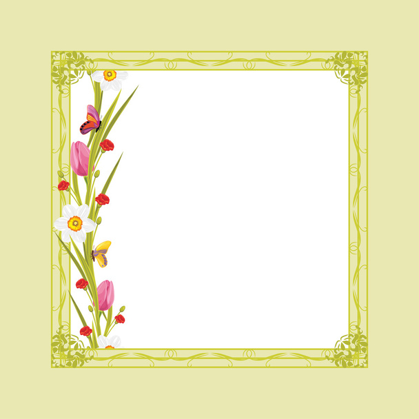Decorative green frame with spring flowers and butterflies - Vektori, kuva