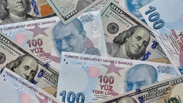 Images of banknotes of various countries. Turkish lira and us dollar photos. - Foto, imagen