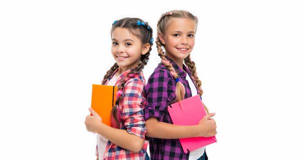 children knowledge. college students. School girls and their diary book. diary of their friendship. back to school. high school education. girls sharing thoughts of diary. happy sisterhood. - Fotoğraf, Görsel