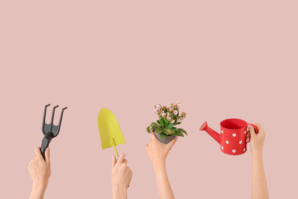 Жінки з рослинами та різними інструментами садівництва на рожевому тлі - Фото, зображення