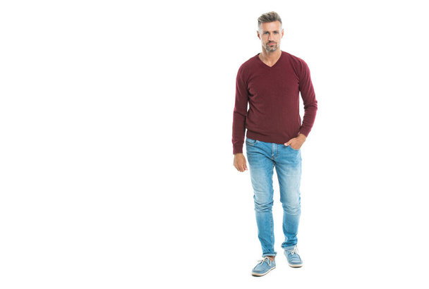 A Caucasian man wearing pullover, banner. a caucasian man in his 40s at studio background. good looking caucasian man stands. full length of a handsome caucasian man isolated on white. - Foto, Bild