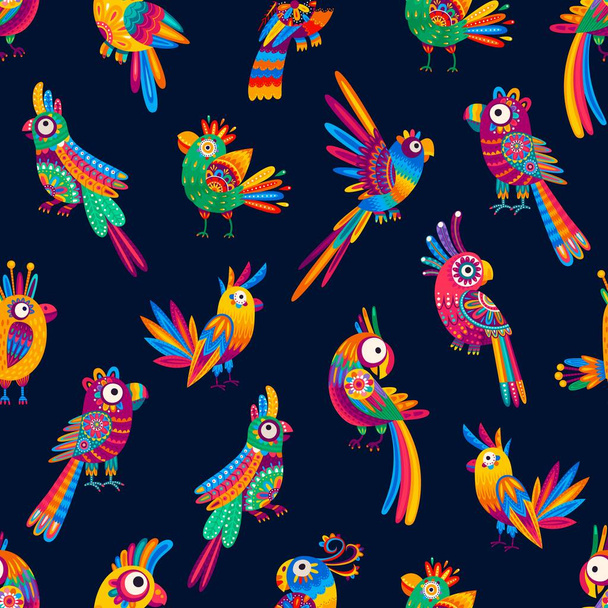 Cartoon Mexican and Brazilian parrot characters on seamless pattern background, vector funny birds. Colorful tropical and exotic jungle birds with Mexican alebrije art ornament pattern on feathers - Vettoriali, immagini