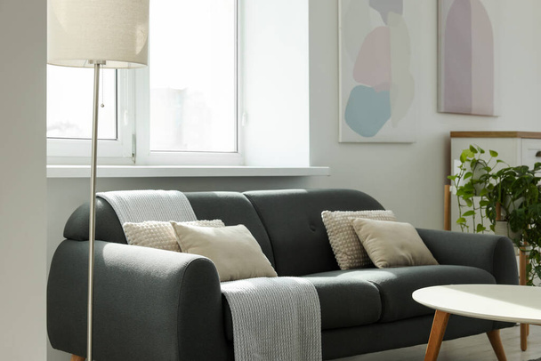 Gray couch with pillows, white coffee table and lamp in living room - Φωτογραφία, εικόνα