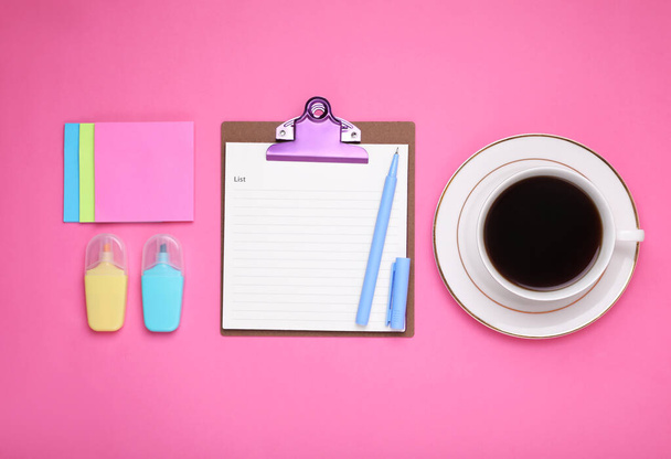 To do notes, stationery and cup of coffee on pink background, flat lay with space for text. Planning concept - Photo, Image