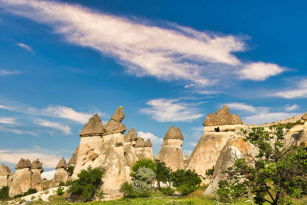 Nádherné údolí Cappadocia se skalnatou strukturou tvořenou sopečnými chomáči. Nejpopulárnější aktivitou je létat s balónky v časných ranních hodinách. Nevsehir, Turecko - Fotografie, Obrázek