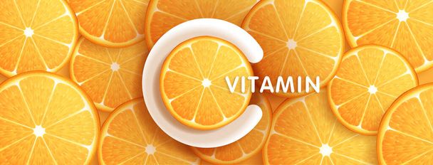Drop water vitamin c orange and structure. vitamin solution complex with chemical formula from nature. beauty treatment nutrition skin care design. medical and scientific concepts for cosmetic. - ベクター画像